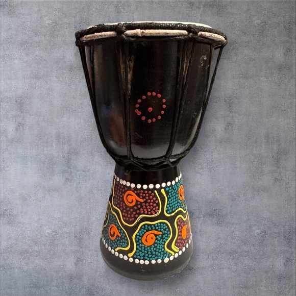 The Unbranded Brand Other - Mini Djembe Drum 8" Wood Hand Made Painted Black Tribal Dot Art Boho Percussion